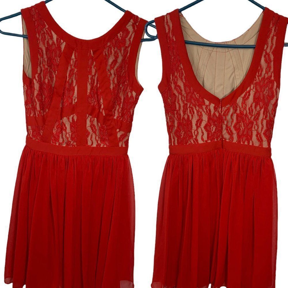 Delias Red Midi Lace and Pleat Party Dress